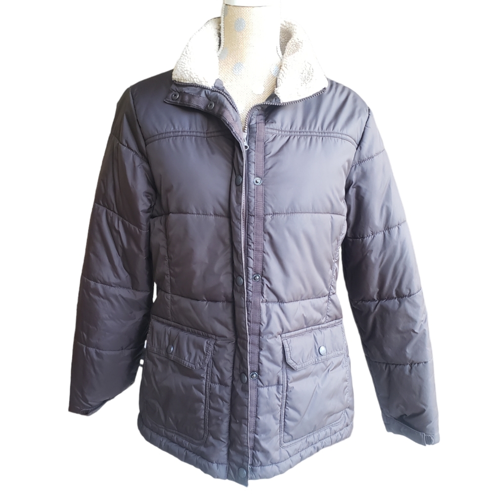 Lands' end brown puffer coat medium faux shearling collar zip snap parka